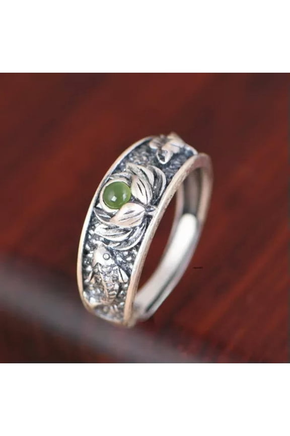 Solid 925 Sterling Silver Band Natural Jade Jasper Lucky Lotus Flower Fish Ring