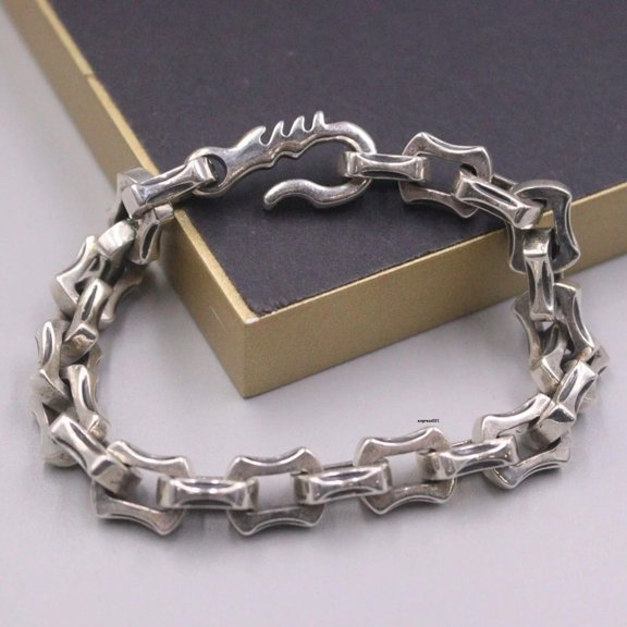 MATROOY Solid 925 Sterling Silver Chain Men Geometry Concave Square Link Bracelet 56g