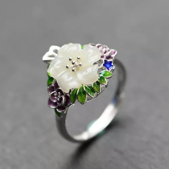 MATROOY Solid 925 Sterling Silver Colorful Enamel Nephrite Jade Leaf Flower Bloom Ring