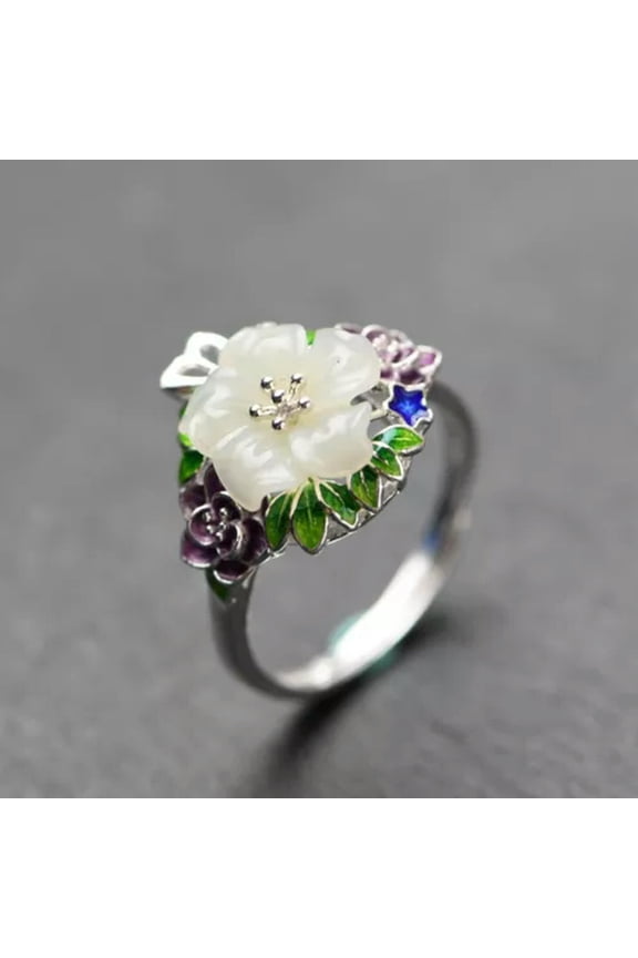 Solid 925 Sterling Silver Colorful Enamel Nephrite Jade Leaf Flower Bloom Ring