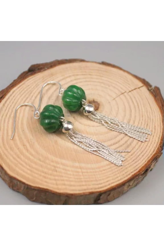 Solid 925 Sterling Silver Natural Jade Green Pumpkin Bead Tassel Dangle Earrings