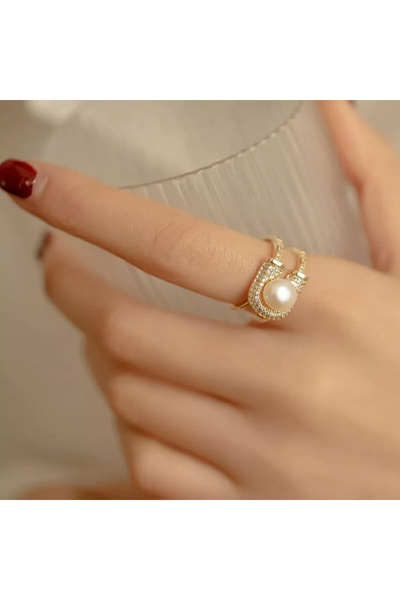 Sparkling Deluxe Adjustable Yellow Gold Plated Pearl Ring for Women Party