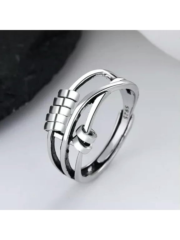 Spinner Fidget Anxiety Ring Women Adjustable Open Cubic Zirconia Flower Band Lot-23#Spinner Beads ring-open size