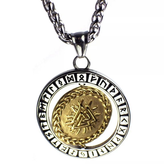 MATROOY Spinning Viking Valknut Necklace Stainless Steel Odin Raven Runes Pendant