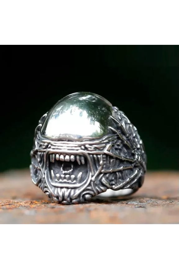 Stainless Steel Alien Head Ring For Men Steel Punk Amulet Movie Animal Jewelry-9