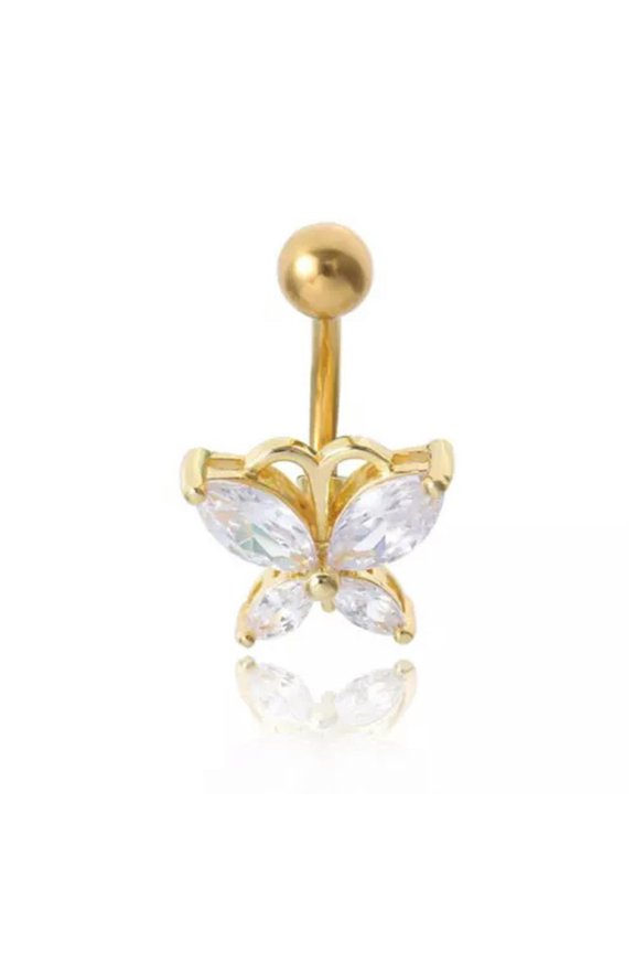Stainless Steel Butterfly Crystal Helix Navel Rings Belly Piercing Body -Gold
