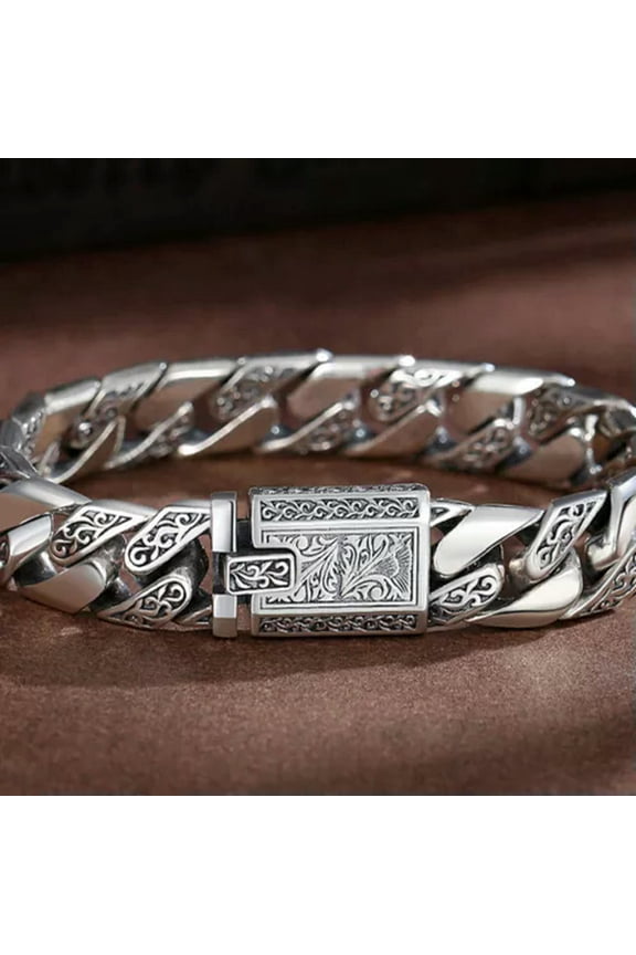 Stainless Steel Chinese Fengshui Six-Character Bracelet Punk Retro Jewelry-18cm