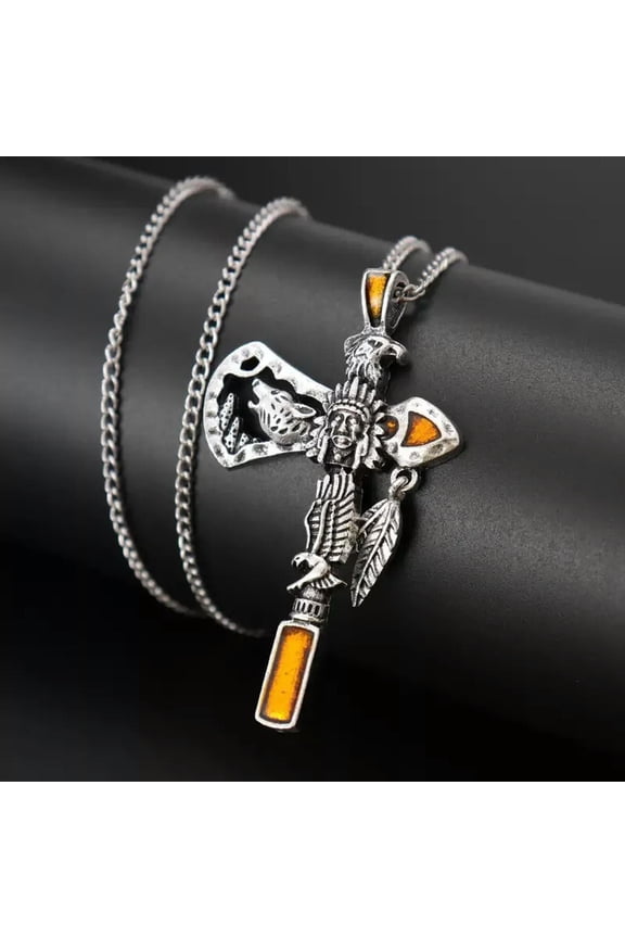 Stainless Steel Cross Necklace With Engraved Eagle & Wolf Totem Pendant