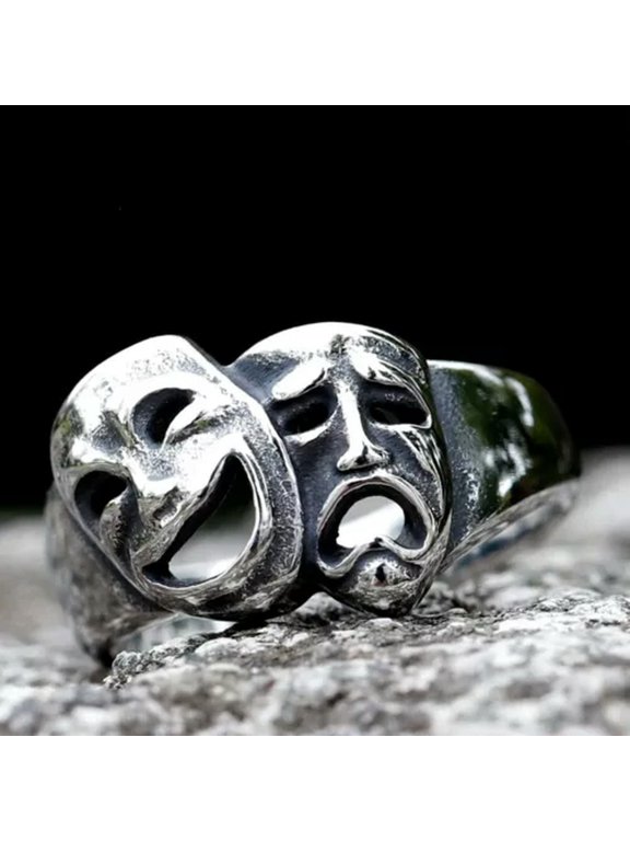Stainless Steel Cry and Smile Ring For Men Steel Punk Amulet Biker Jewelry-7