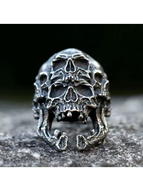 Stainless Steel Double skull Ring For Men Biker Punk Demon Amulet Jewelry Ring-10