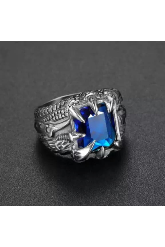 Stainless Steel Dragon Claw Ring With Red, Blue, Black Cubic Zirconia For Men-Blue-7