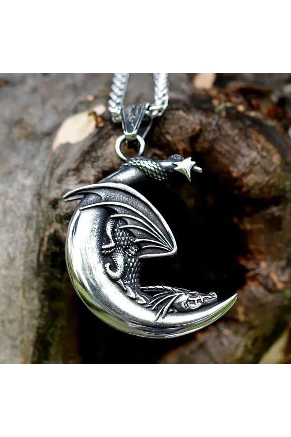 Stainless Steel Dragon Moon Necklace Viking Biker Pendant Men's Amulet Jewelry