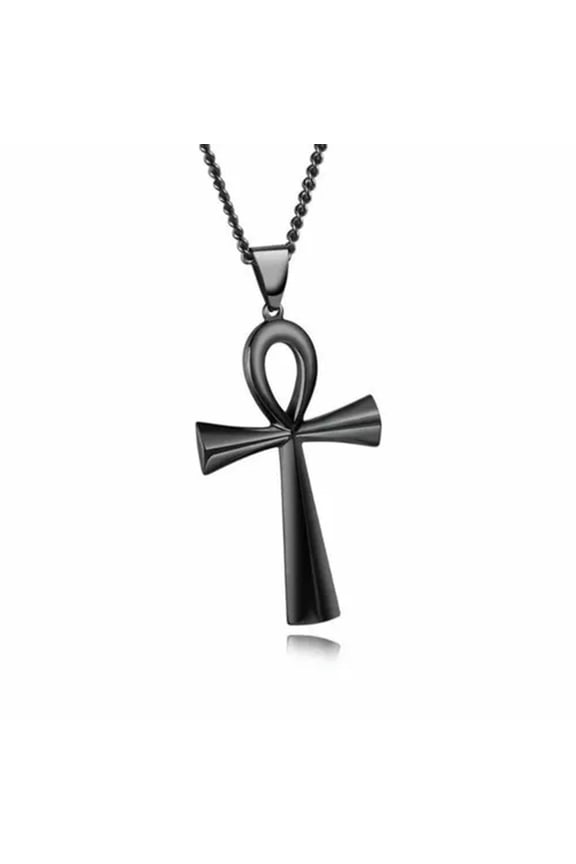 Stainless Steel Egyptian Ankh Cross Key of Life Pendant Chain Necklace MenWomen（-black