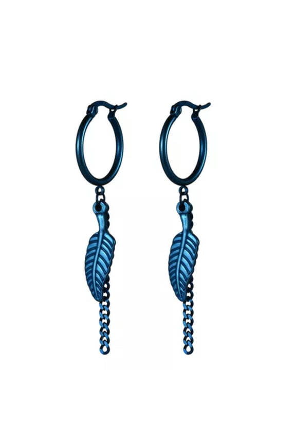Stainless Steel Feather Tassel Hoop Hinged Drop Dangle Earrings For Men Women-Blue