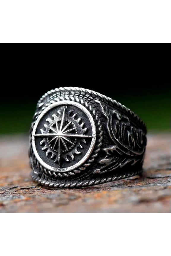 Stainless Steel Gothic shine ray Compass Motorcycle Ring For Men Amulet Jewelry-9