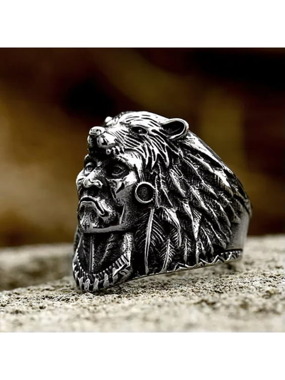Stainless Steel Indian Warrior With Blue Stone Punk Biker Wolf Animal Ring Men's-Style A-11