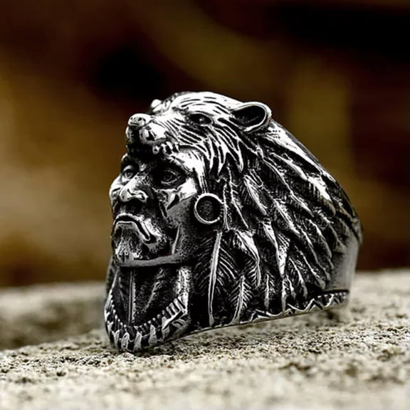 MATROOY Stainless Steel Indian Warrior With Blue Stone Punk Biker Wolf Animal Ring Men's-Style A-7