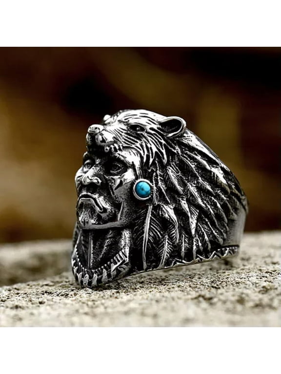 Stainless Steel Indian Warrior With Blue Stone Punk Biker Wolf Animal Ring Men's-Style B-7