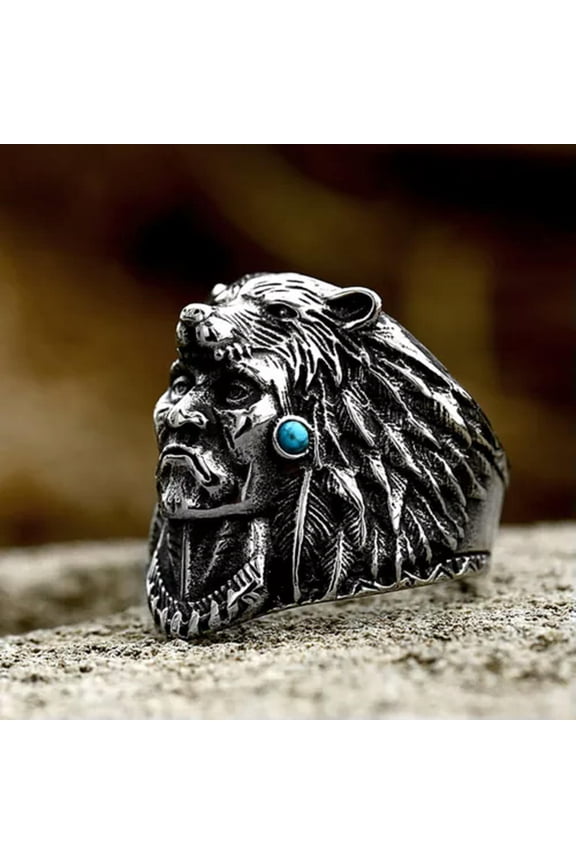 Stainless Steel Indian Warrior With Blue Stone Punk Biker Wolf Animal Ring Men's-Style B-8