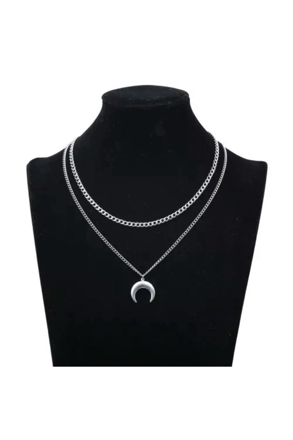 Stainless Steel Layered Chain Lock Pendant Necklace for Women Chain On The Neck -Moon Pendant