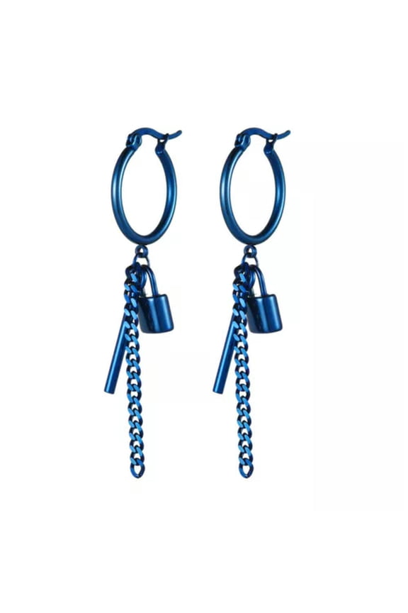 Stainless Steel Lock Tassel Drop Dangle Earrings For Men Women Hoop Hinged-Blue