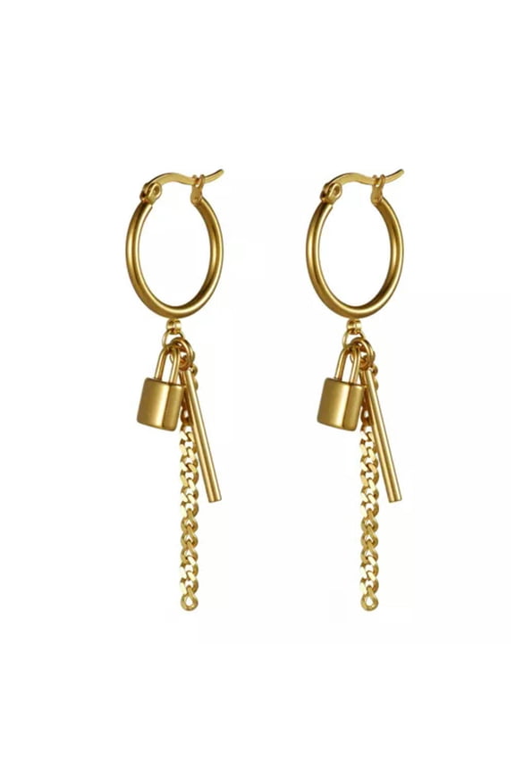 Stainless Steel Lock Tassel Drop Dangle Earrings For Men Women Hoop Hinged-Gold