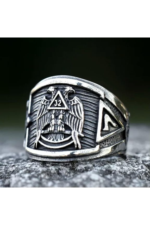 Stainless Steel Lucky 32 Eagle Masonic Square Compass Ring Men Amulet Jewelry-12