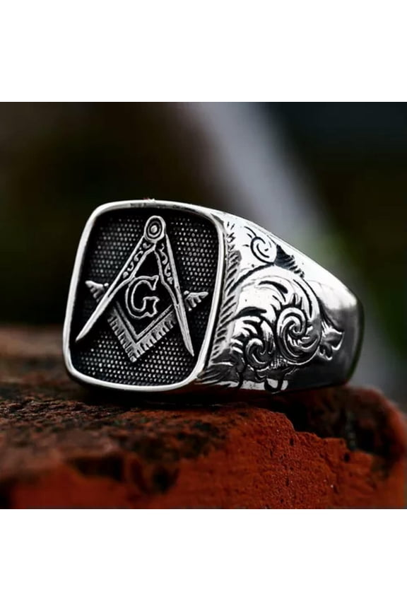 Stainless Steel Lucky Masonic Square Compass Ring Men Amulet Jewelry-12
