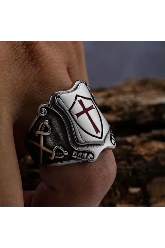 Stainless Steel Men'S Christian Shield Cross Ring 7-13 Size Silver-silver-10