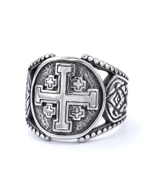 Stainless Steel Men's Knight Temple Knight Christian Cross Ring 7-14 Size Silver-silver-11