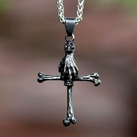 MATROOY Stainless Steel Men's Necklace Gothic Cross Skull Hand Amulet Punk Biker Jewelry