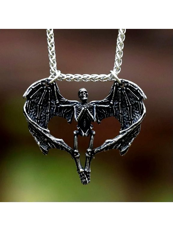 Stainless Steel Men's Necklace Satan Skull Rib Skeleton Amulet Punk Jewelry