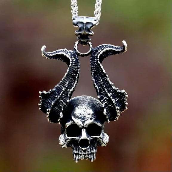 MATROOY Stainless Steel Men's Necklace Satanic Satan Horned Skull Amulet Punk Jewelry