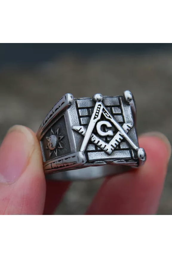 Stainless Steel Moon and Sun Masonic Square Compass Ring Men Amulet Jewelry-10