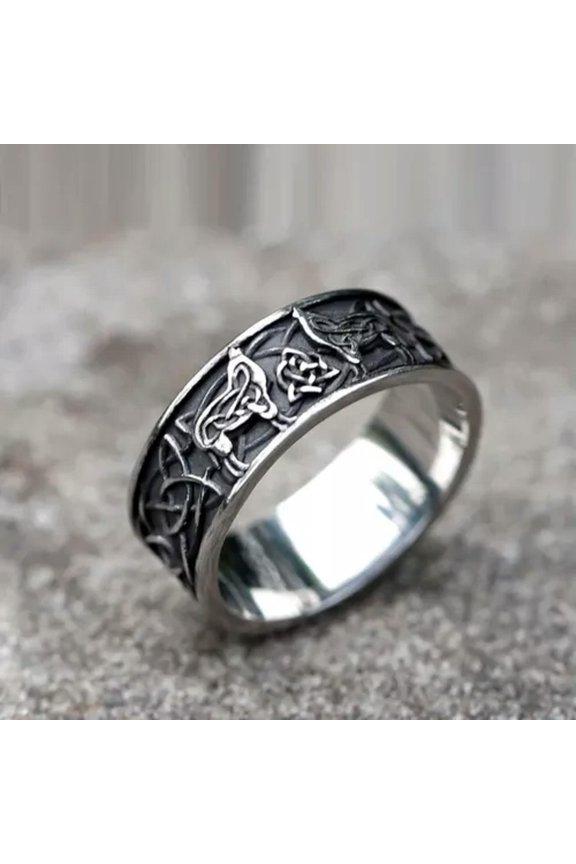 Stainless Steel Nordic Viking Wolf Retro Square Totem Ring Man's Punk Amulet-9