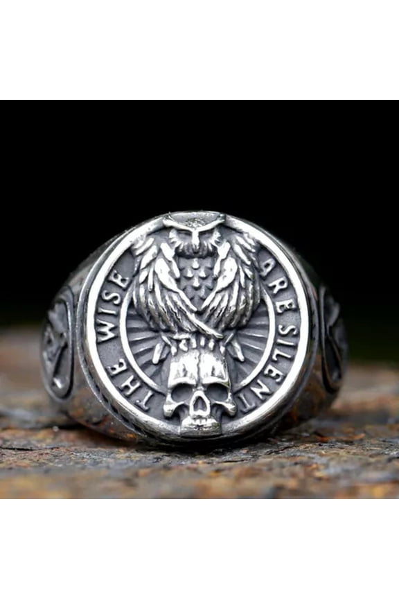 Stainless Steel Owl Skull Masonic Square Compass Ring For Men Amulet Jewelry-9