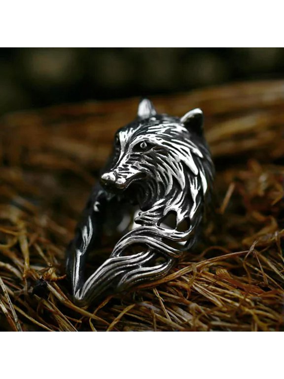Stainless Steel Punk Black Wolf Ring For Men Gothic Punk Amulet Jewelry-10
