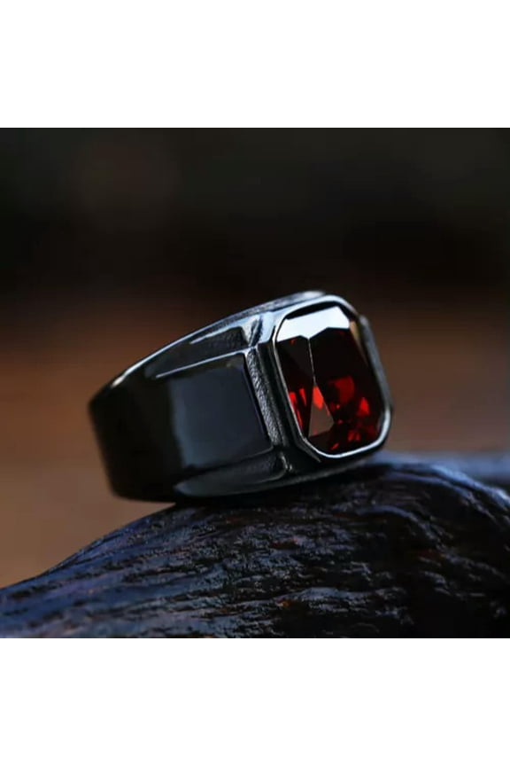 Stainless Steel Punk Hip Hop Square Black Red Stone Men's Ring Biker Jewelry-Black-7