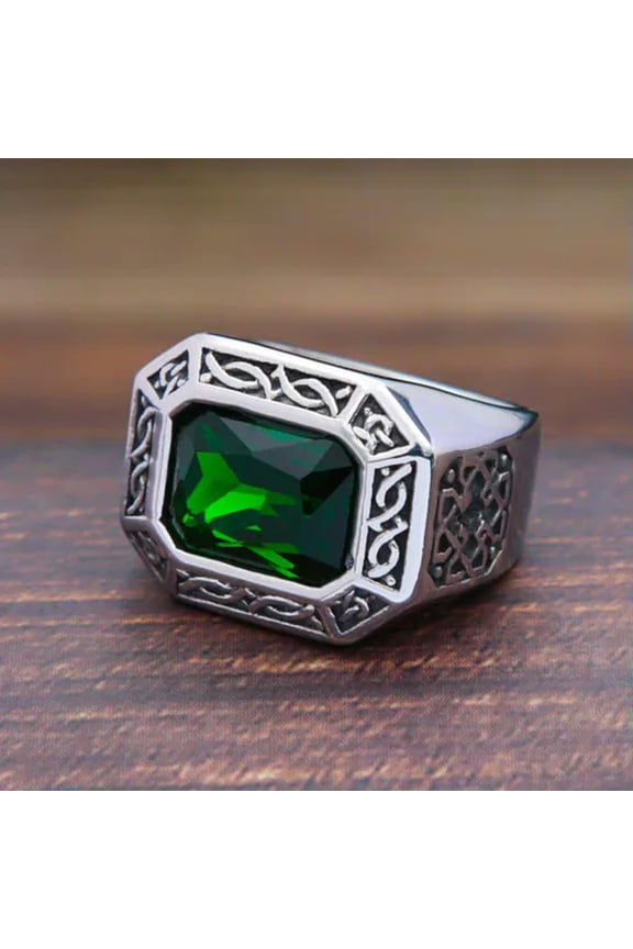 Stainless Steel Punk Hip Hop Square Green Stone Men's Ring Biker Jewelry-10