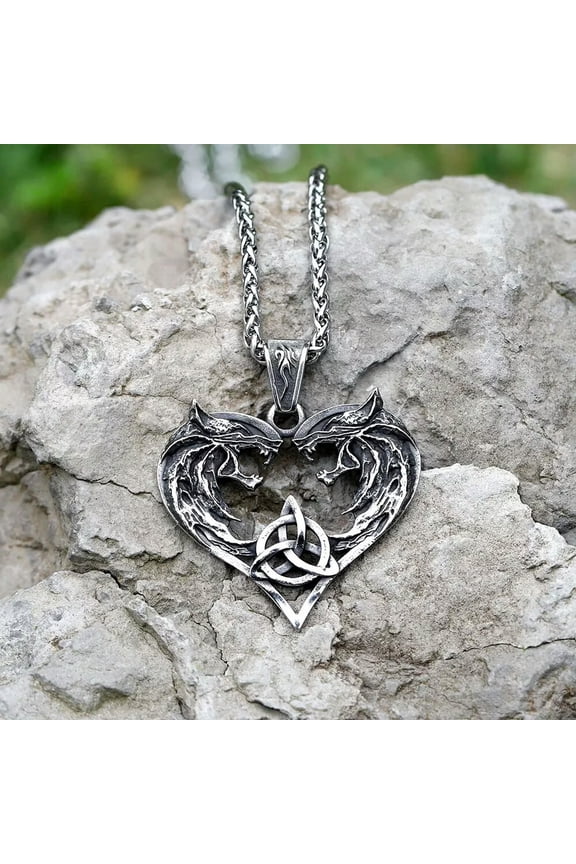Stainless Steel Punk Knot Double Wolf Men Necklace Biker Hip Hop Amulet Jewelry