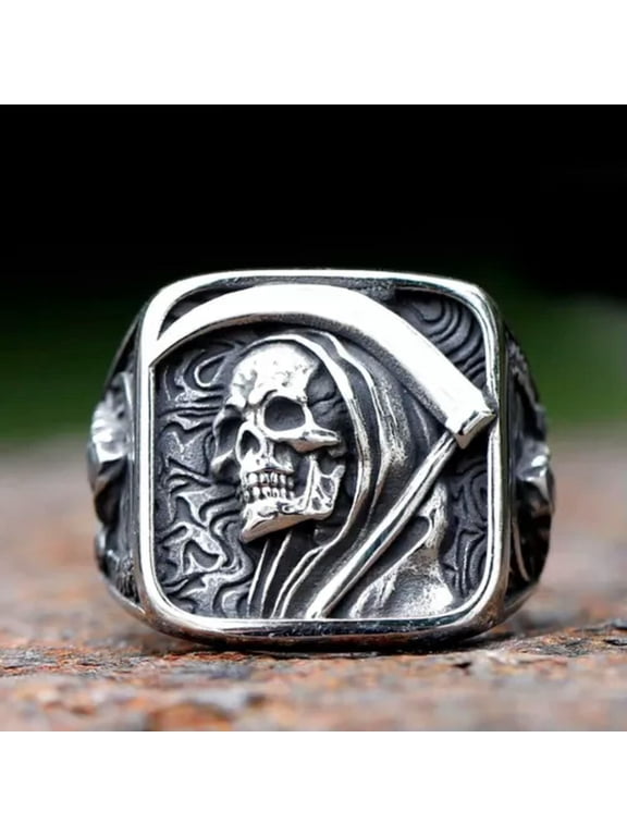 Stainless Steel Punk Satan Death Face Skull Ring For Men Ring Amulet Jewelry-12