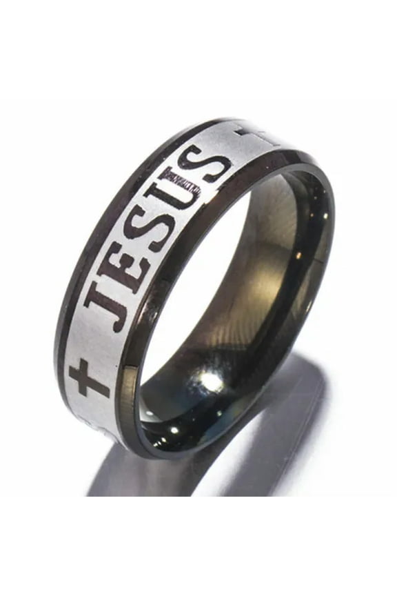 Stainless Steel Ring Jesus Christian Cross Prayer Band Rings Titanium Jewelry-Black-9