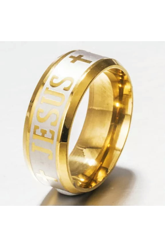 Stainless Steel Ring Jesus Christian Cross Prayer Band Rings Titanium Jewelry-Gold-9