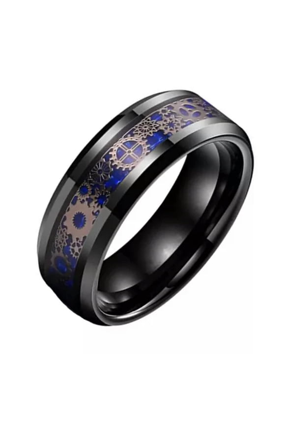 Stainless Steel Ring Mechanical Gear Wood Grain Steam Age Punk Men Jewelry Gift-02#Black blue Gear wheel-11