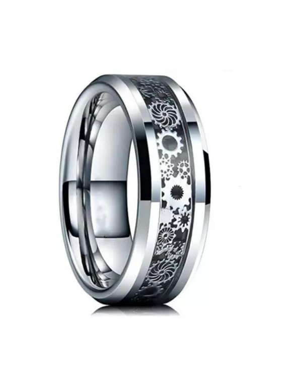 Stainless Steel Ring Mechanical Gear Wood Grain Steam Age Punk Men Jewelry Gift-04#Silver black Gear wheel-10