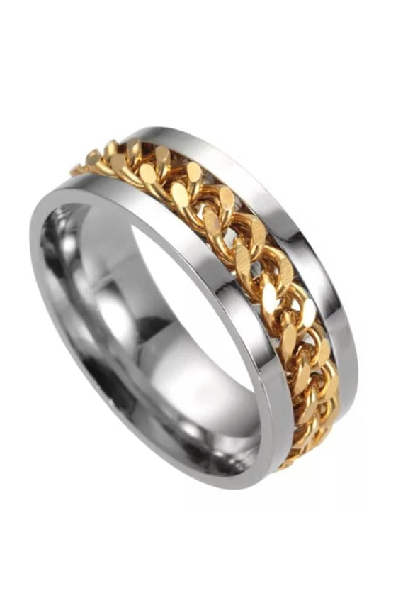 Stainless Steel Rotatable Ring Spinner Chain Rotable Rings Punk Reliever Men ~ --Gold-8
