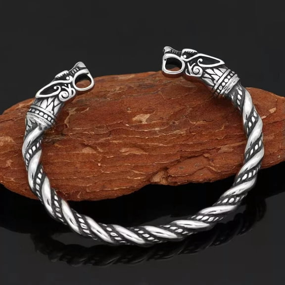 MATROOY Stainless Steel Silver Norse Viking Wolf Head Cuff Bracelet Men's Jewelry Gift