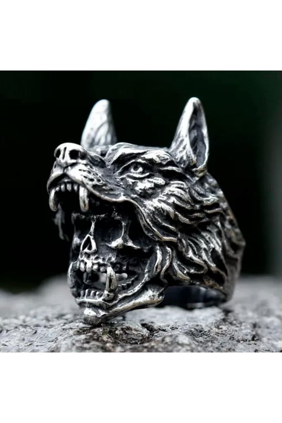 Stainless Steel Vampire Skull Wolf Ring For Men Biker Punk Nordic Amulet Jewelry-10