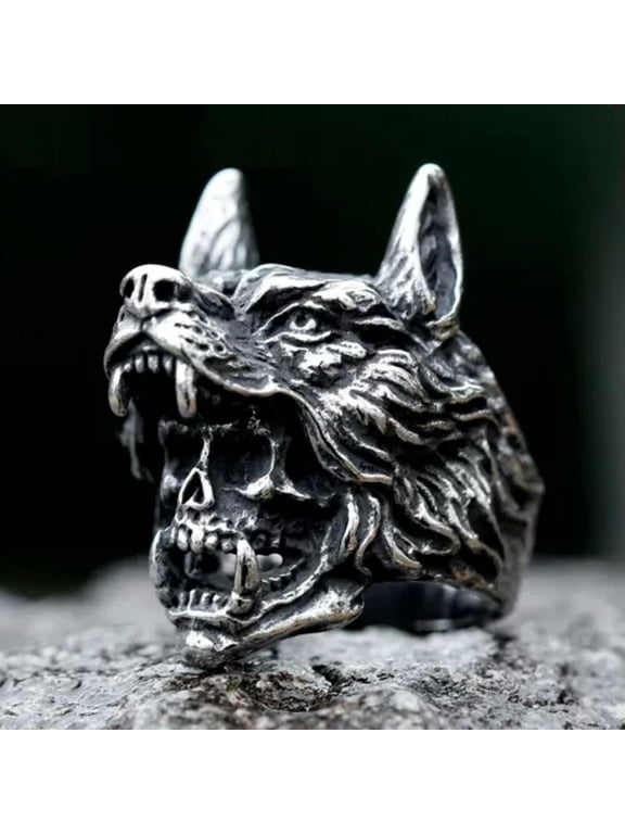 Stainless Steel Vampire Skull Wolf Ring For Men Biker Punk Nordic Amulet Jewelry-8