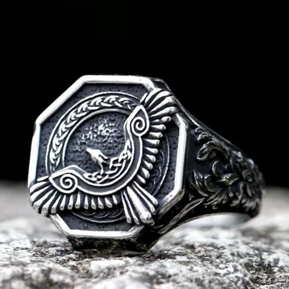 MATROOY Stainless Steel Viking Odin Eagle Ring For Men Steel Punk Amulet Biker Jewelry-7